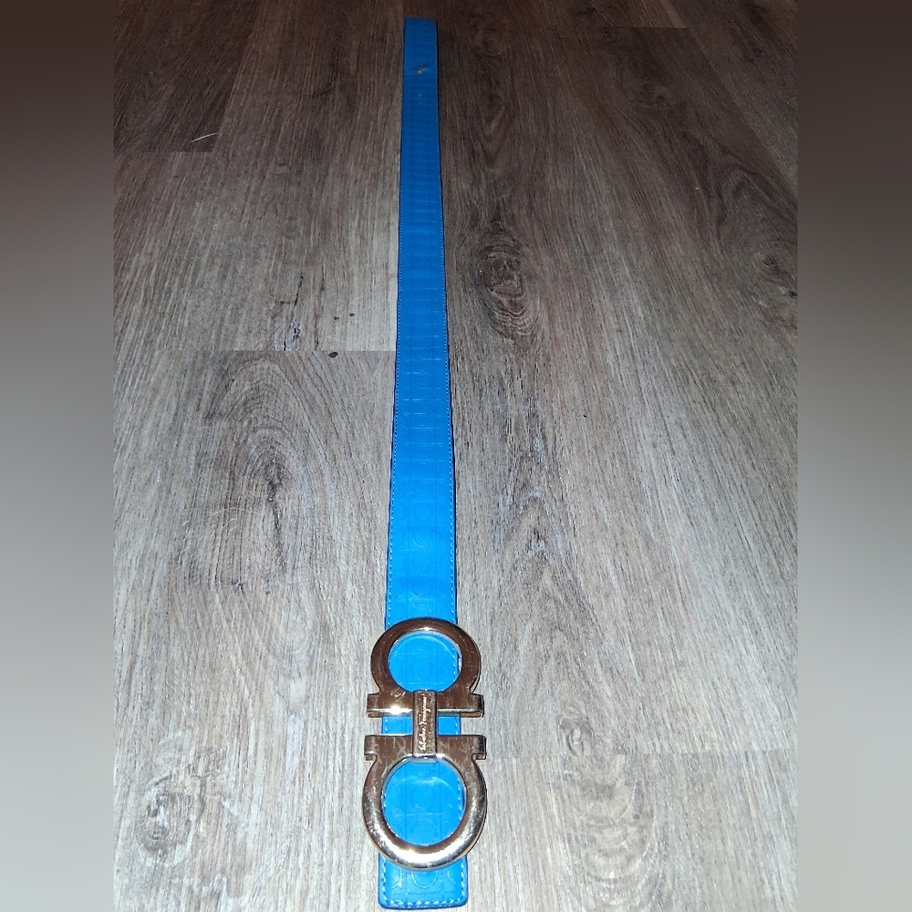 Salvatore Ferragamo Blue Belt with Gold Buckle
